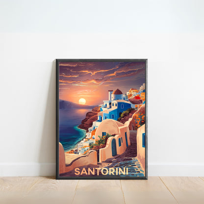 Santorini Vintage Travel Poster - Cliffside Beauty