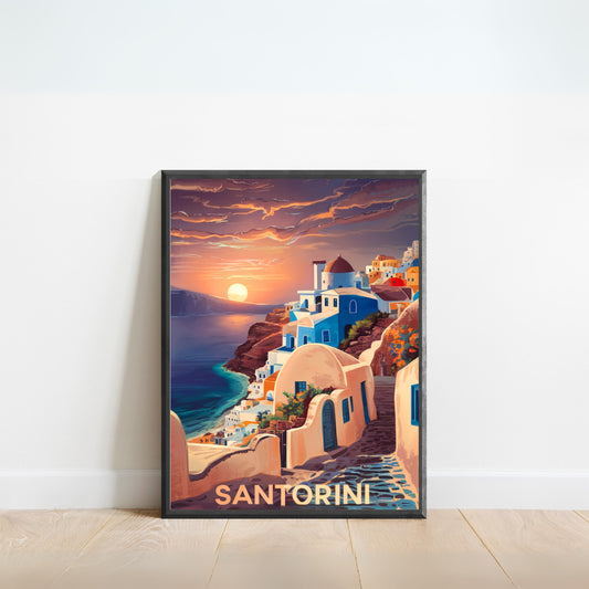 Santorini Vintage Travel Poster - Cliffside Beauty