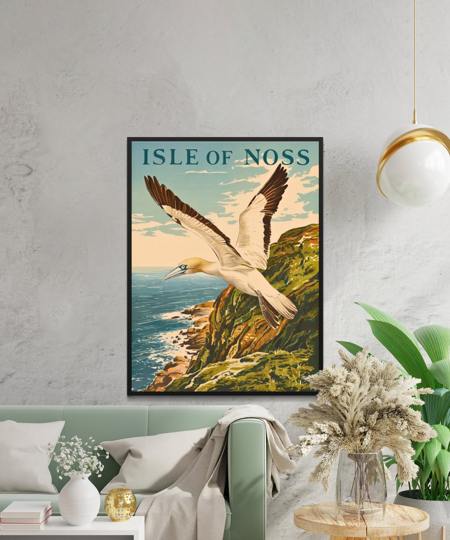 Isle of Noss Vintage Travel Poster -Gannet flying in front of iconic Noup