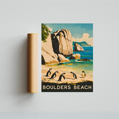 Boulders Beach Vintage Travel Poster - Penguins and Seaside Beauty