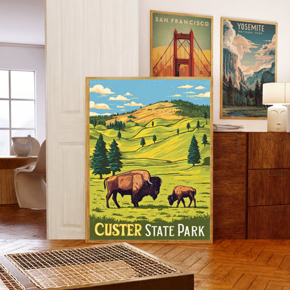 Custer State Park Vintage Travel Poster - Timeless Beauty of the Black Hills and Bison