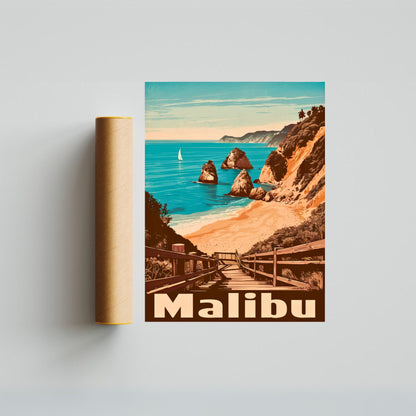 Malibu Vintage Travel Poster - Retro Coastal Charm