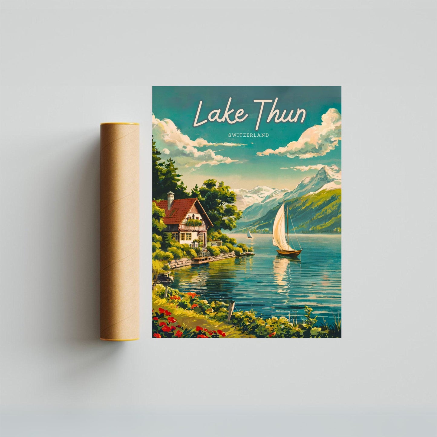 Lake Thun Vintage Travel Poster - Timeless Swiss Alpine Serenity