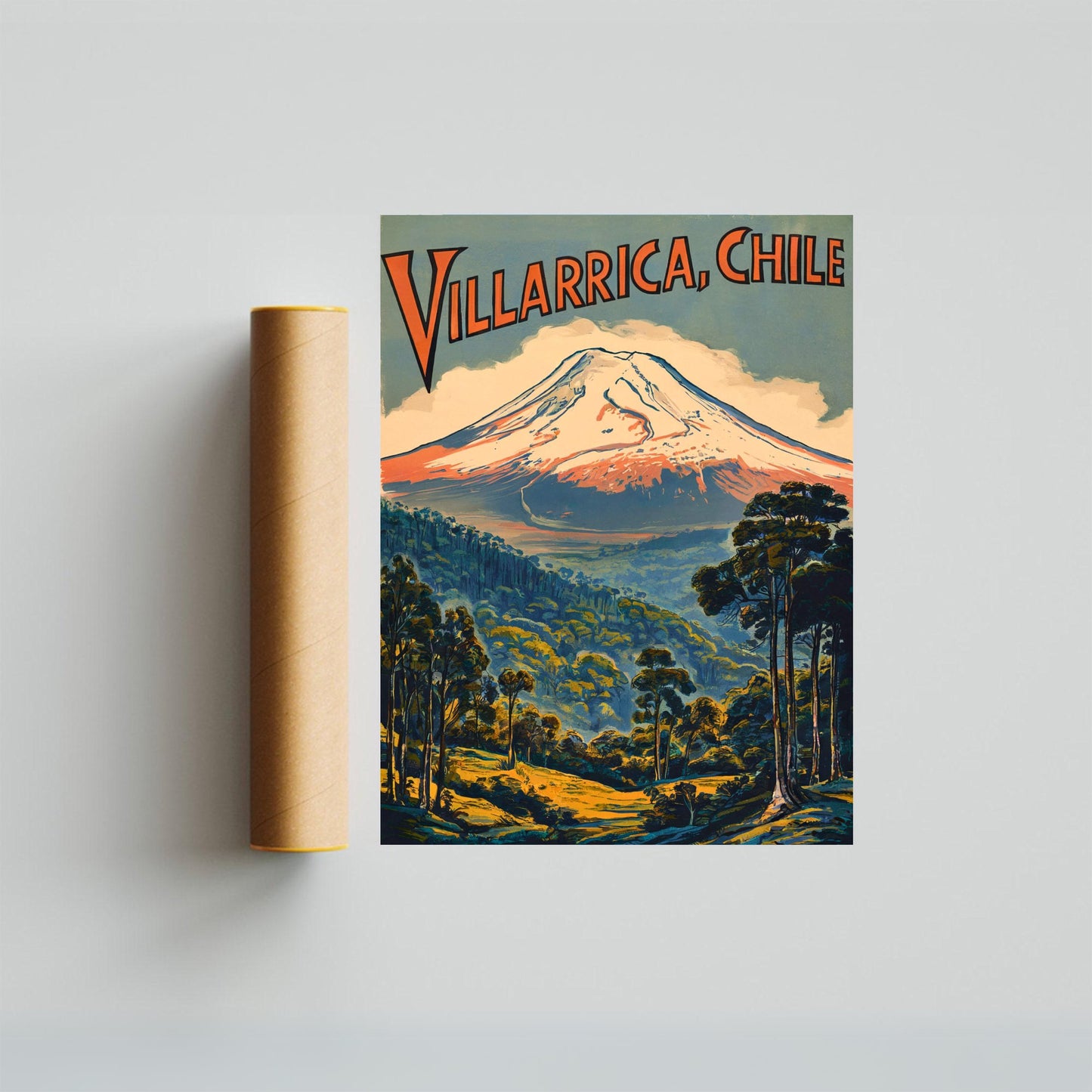 Villarrica Mountain Vintage Travel Poster - Majestic Andean Peak