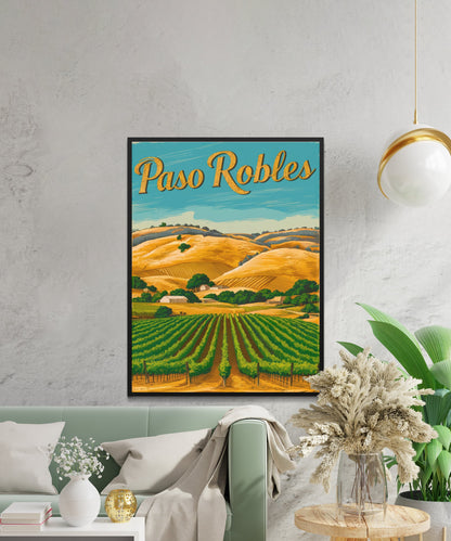 Paso Robles Vintage Travel Poster - Vineyard Hills