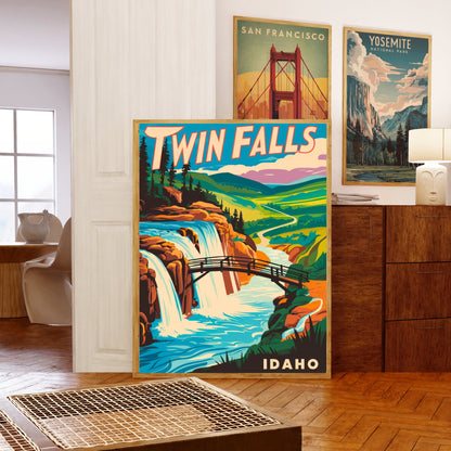 Twin Falls Vintage Travel Poster - Waterfall Beauty