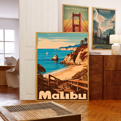 Malibu Vintage Travel Poster - Surf and Sunshine