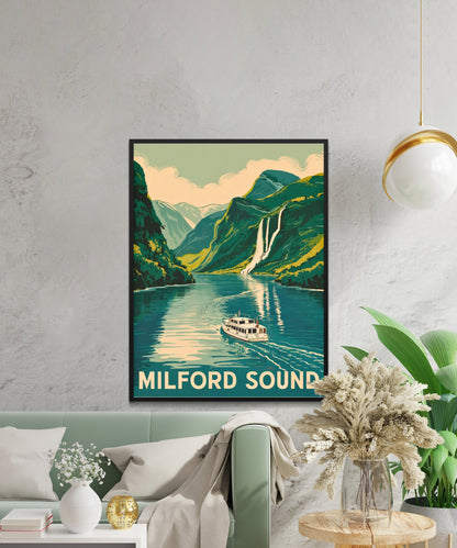 Milford Sound Vintage Travel Poster - New Zealand's Natural Wonder