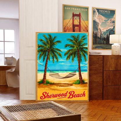 Sherwood Beach Vintage Travel Poster - Scenic Beaches