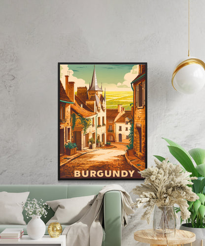 Burgundy Vintage Travel Poster - Peaceful Landscape