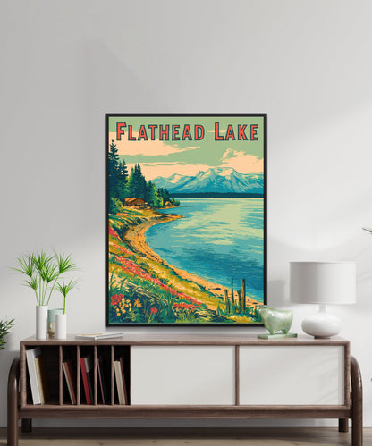 Flathead Lake Vintage Travel Poster - Clear Waters and Big Skies