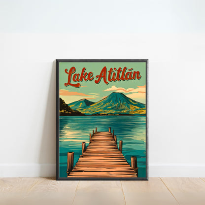 Lake Atitlán Vintage Travel Poster - Serenity Amidst Volcanoes