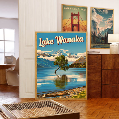 Lake Wanaka Vintage Travel Poster - Tranquil Waters and Majestic Peaks