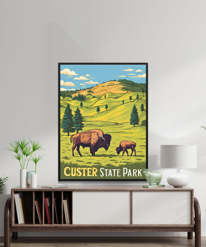 Custer State Park Vintage Travel Poster - Timeless Beauty of the Black Hills and Bison