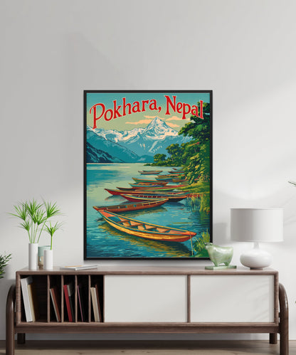 Pokhara Vintage Travel Poster - Himalayan Serenity