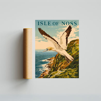 Isle of Noss Vintage Travel Poster -Gannet flying in front of iconic Noup