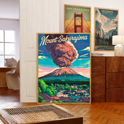 Mount Sakurajima Vintage Travel Poster - Volcanic Ash