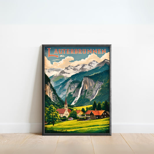 Lauterbrunnen Vintage Travel Poster - Valley of Waterfalls