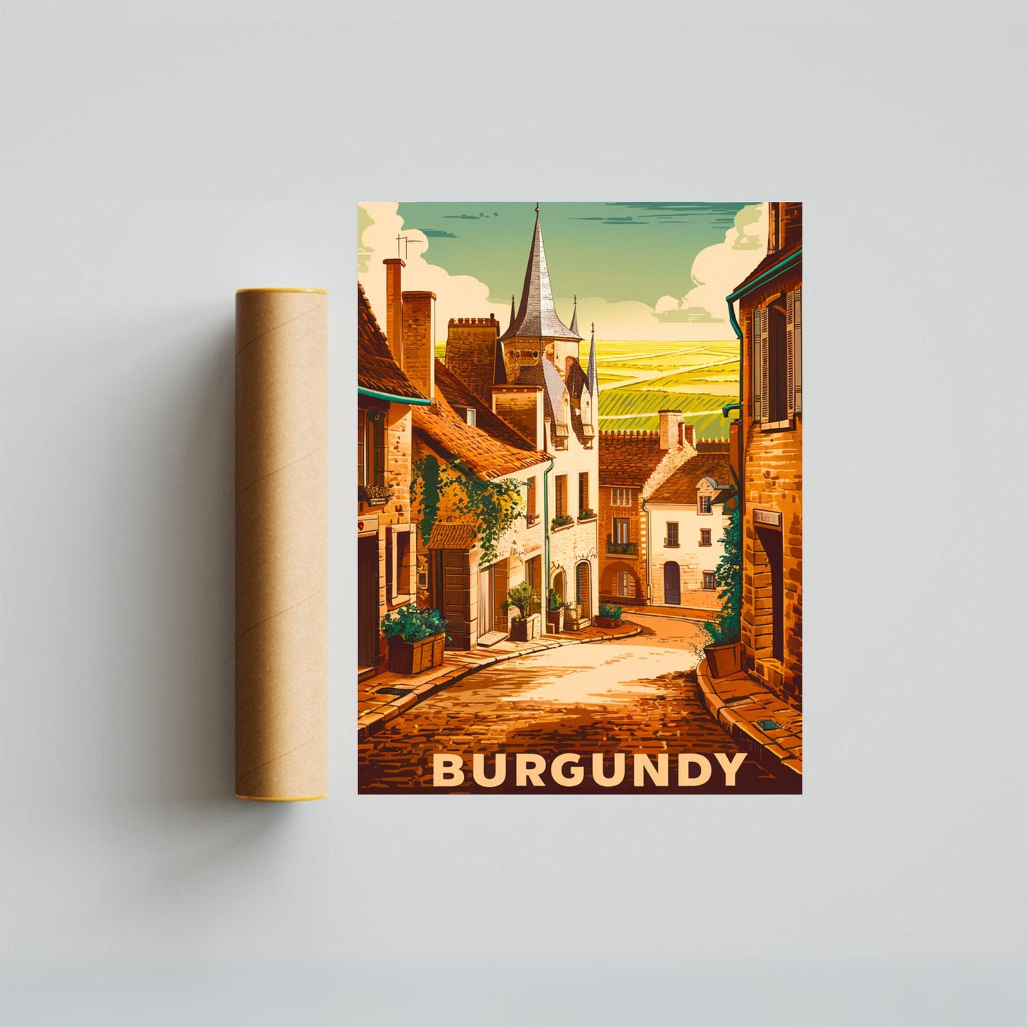 Burgundy Vintage Travel Poster - Peaceful Landscape