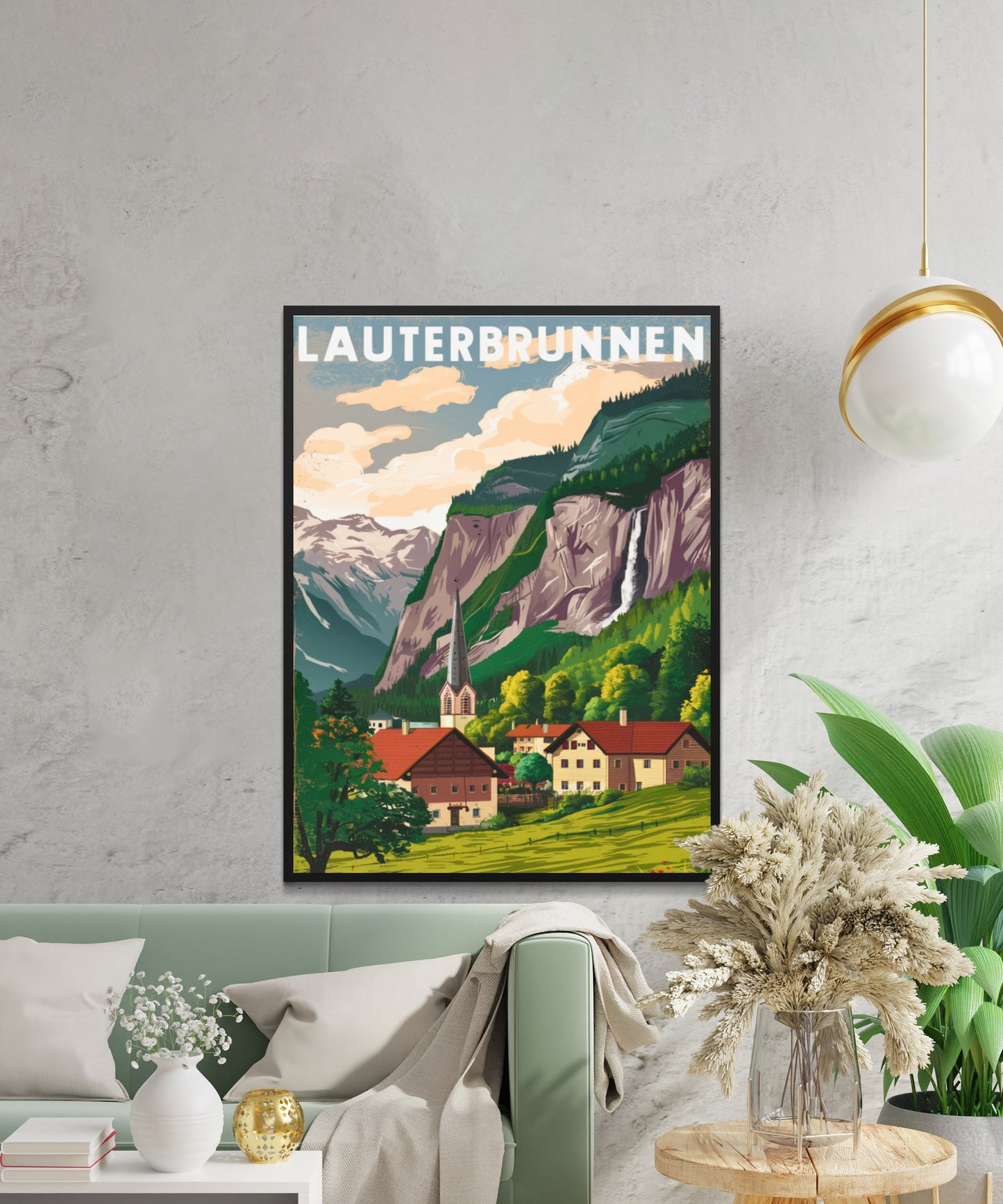 Lauterbrunnen Vintage Travel Poster - Waterfalls and Meadows