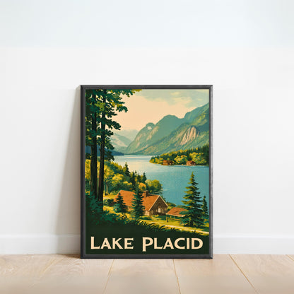 Lake Placid Vintage Travel Poster - Serene Waters and Mountain Views