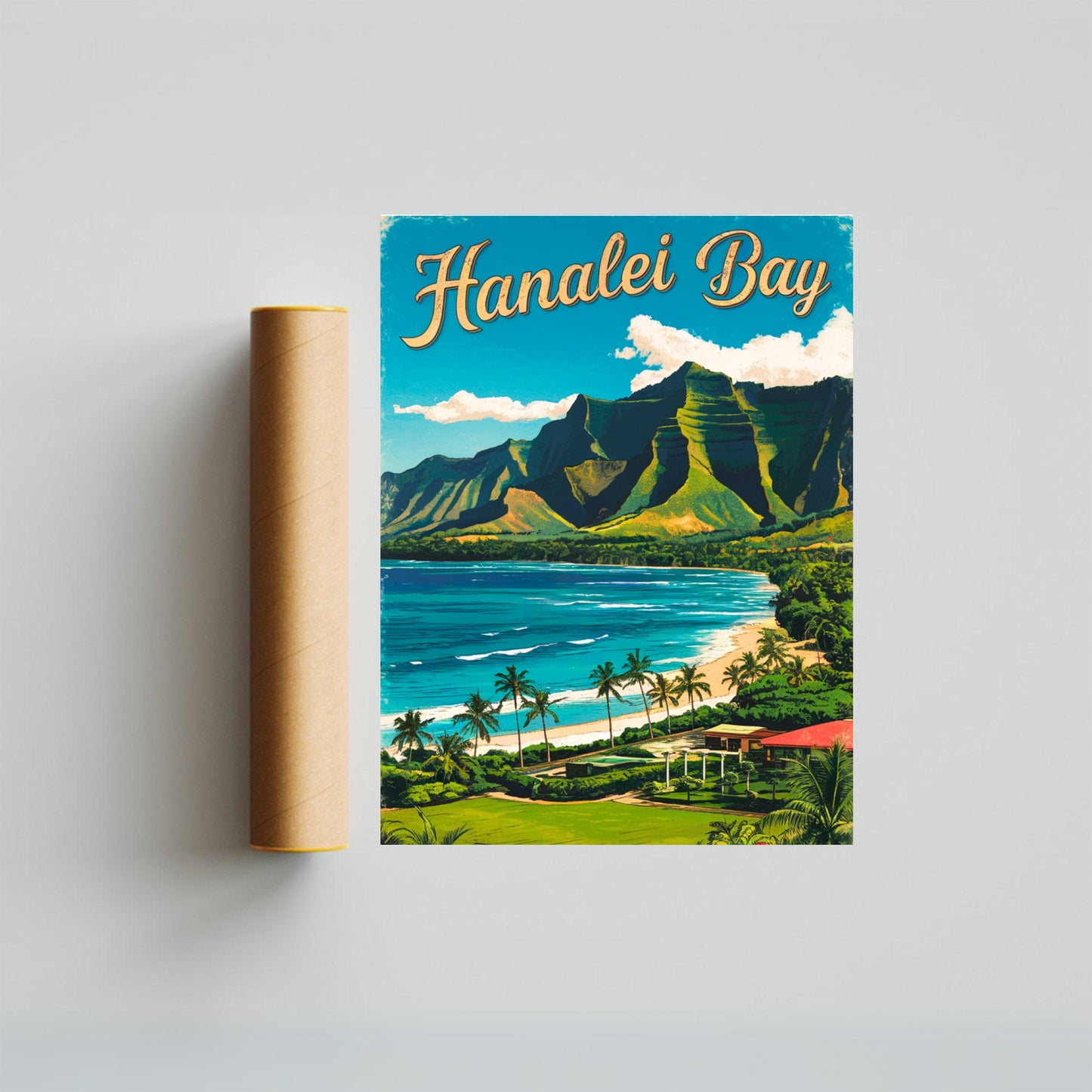 Hanalei Bay Vintage Travel Poster - Misty Mountains