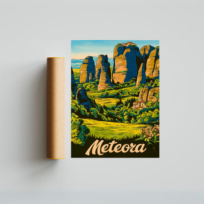 Meteora Vintage Travel Poster - Skyward Temples