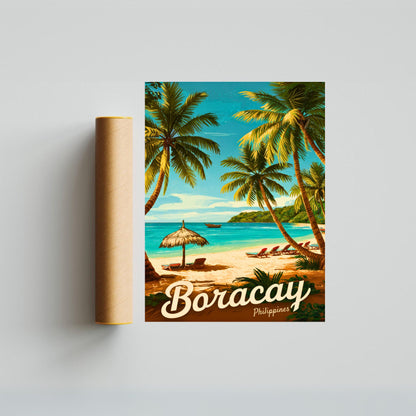 Boracay Vintage Travel Poster - White Sands and Crystal Blue Waters