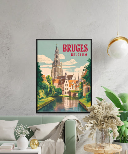 Bruges Vintage Travel Poster - Canals and Cobblestones