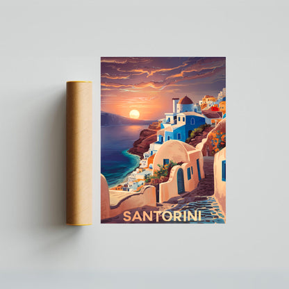 Santorini Vintage Travel Poster - Cliffside Beauty