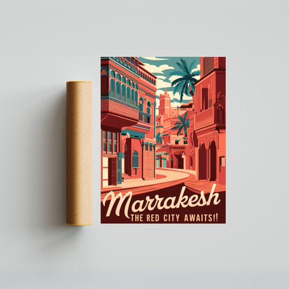 Marrakesh Vintage Travel Poster - Majestic Palaces