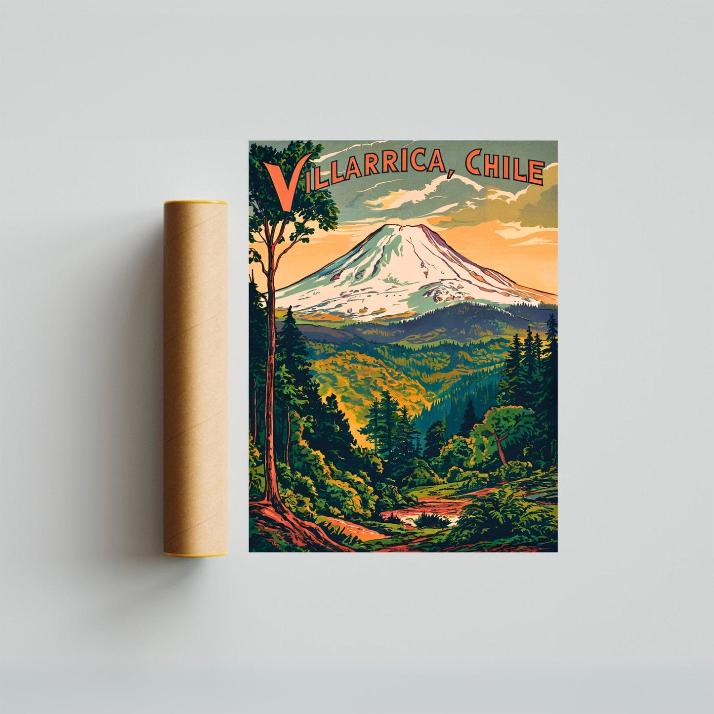 Villarrica Mountain Vintage Travel Poster - Timeless Chilean Volcano