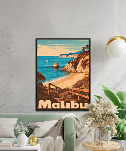 Malibu Vintage Travel Poster - Surf and Sunshine