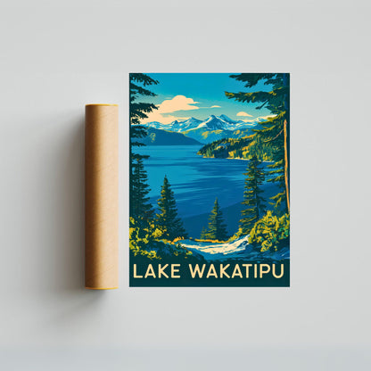 Lake Wakatipu Vintage Travel Poster