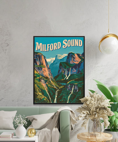 Milford Sound Vintage Travel Poster - Waterfall Wonders