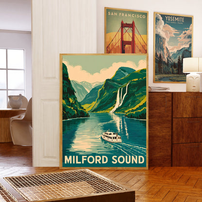 Milford Sound Vintage Travel Poster - New Zealand's Natural Wonder