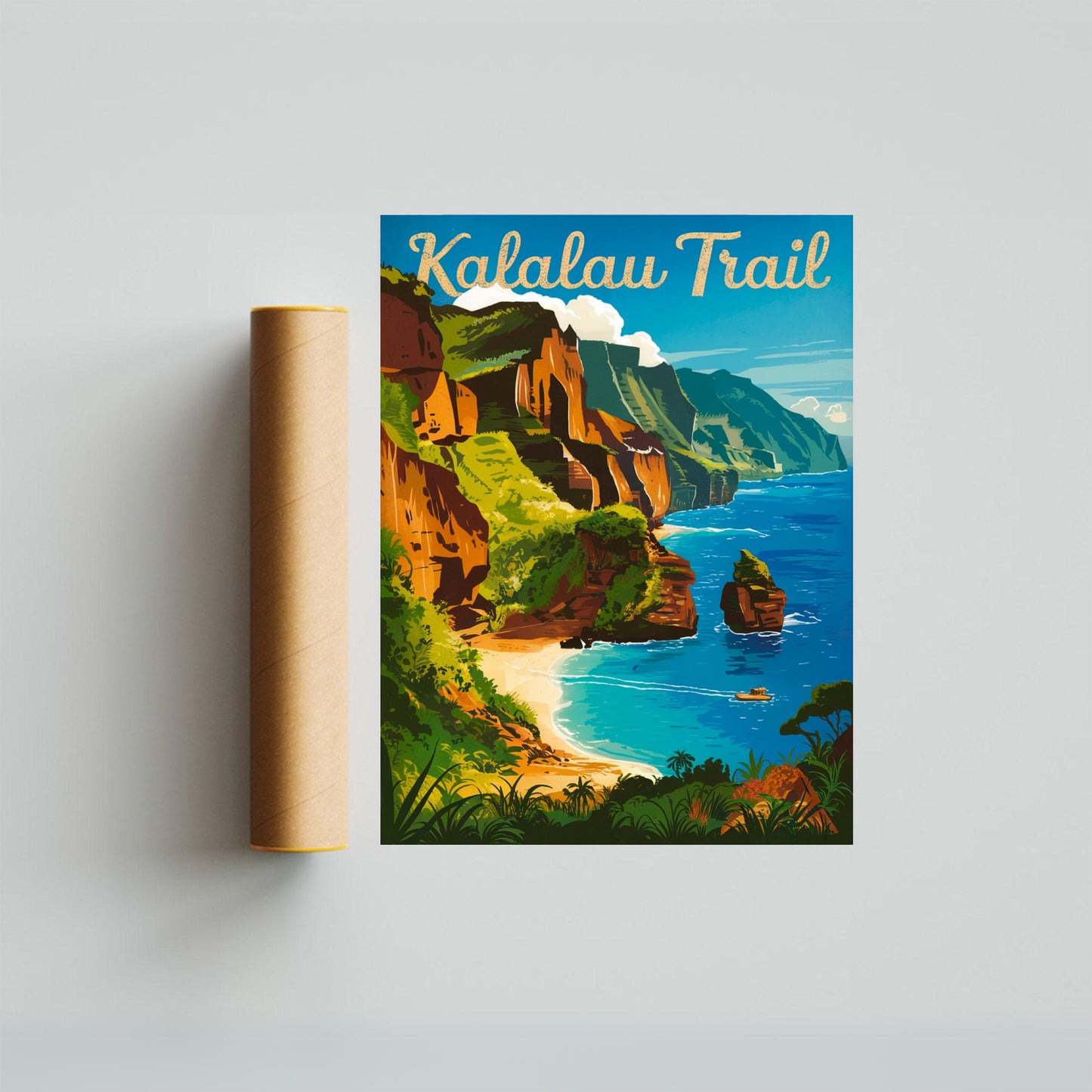 Kalalau Trail Vintage Travel Poster - Cliffside Trails