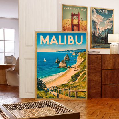 Malibu Vintage Travel Poster - Retro Malibu Beach Vibes