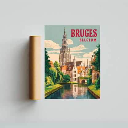 Bruges Vintage Travel Poster - Canals and Cobblestones