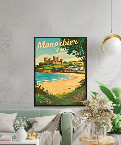 Manorbier Vintage Travel Poster - Wales' Enchanting Coastal Village