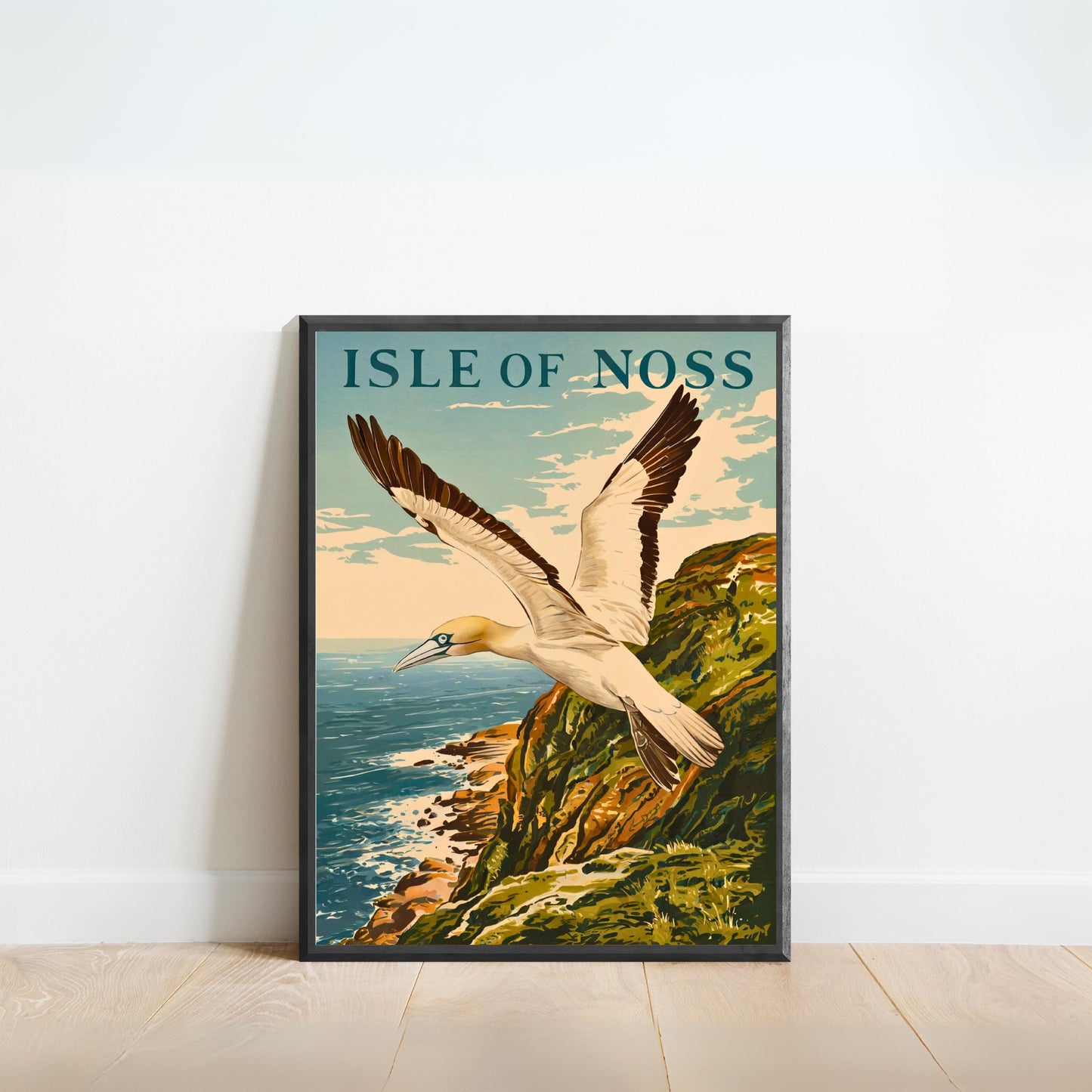 Isle of Noss Vintage Travel Poster -Gannet flying in front of iconic Noup