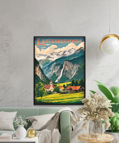 Lauterbrunnen Vintage Travel Poster - Valley of Waterfalls