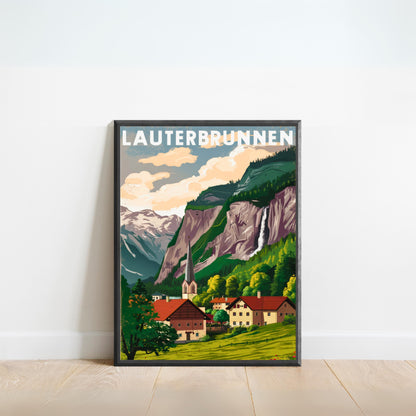 Lauterbrunnen Vintage Travel Poster - Waterfalls and Meadows