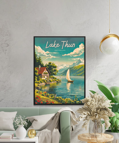 Lake Thun Vintage Travel Poster - Timeless Swiss Alpine Serenity