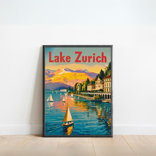 Lake Zurich Vintage Travel Poster -Timeless Swiss Elegance