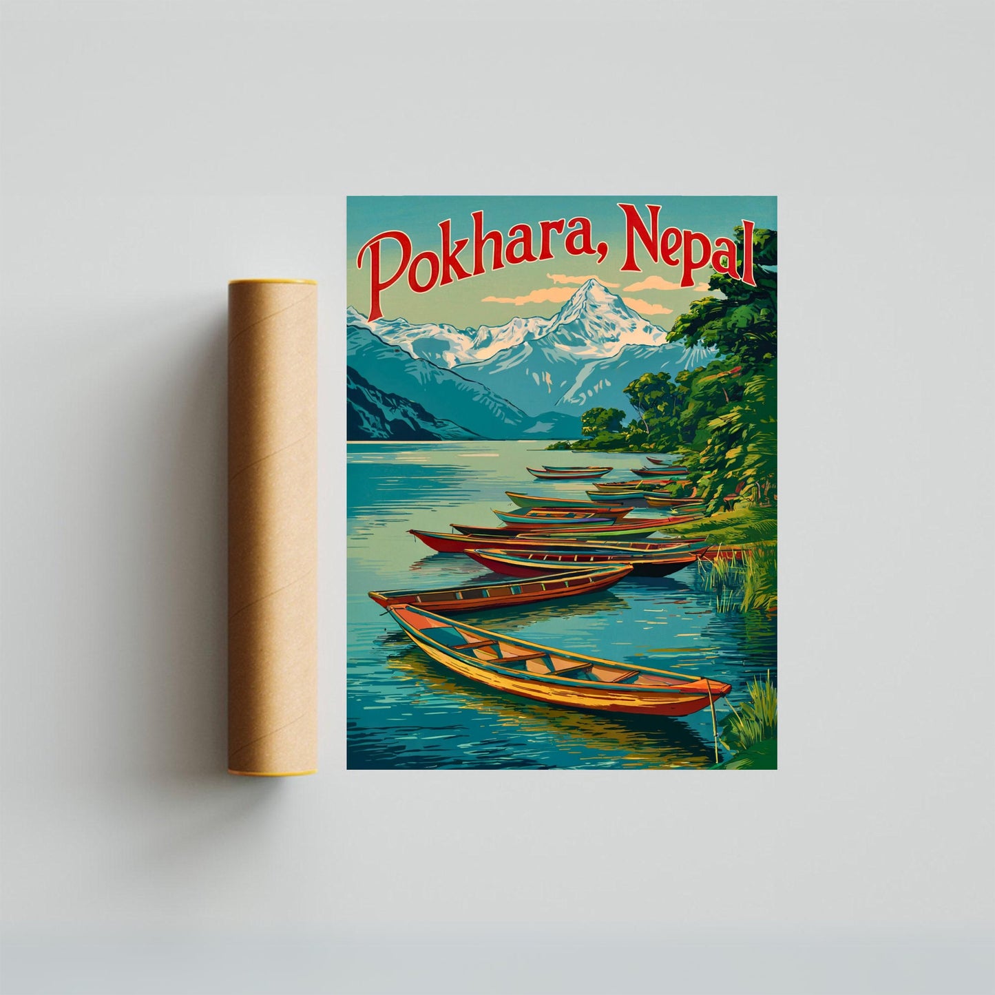 Pokhara Vintage Travel Poster - Himalayan Serenity