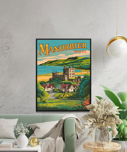 Manorbier Vintage Travel Poster- Coastal Splendor in Wales