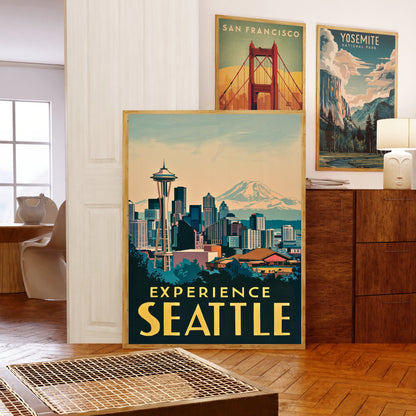 Seattle Vintage Travel Poster - Space Needle and Skyline