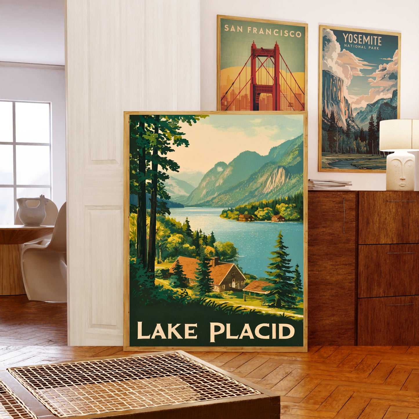 Lake Placid Vintage Travel Poster - Serene Waters and Mountain Views