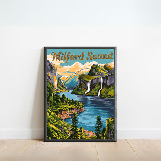 Milford Sound Vintage Travel Poster - Majestic Fjords